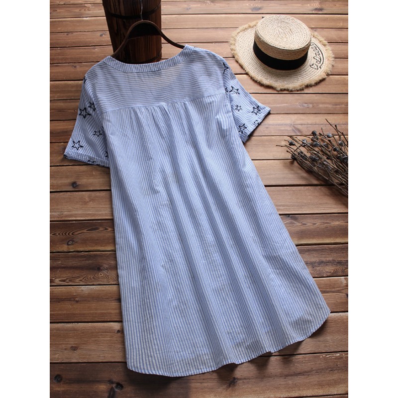 Women Casual Short Sleeve Leaf Embroidery Irregular Stripe Blouse