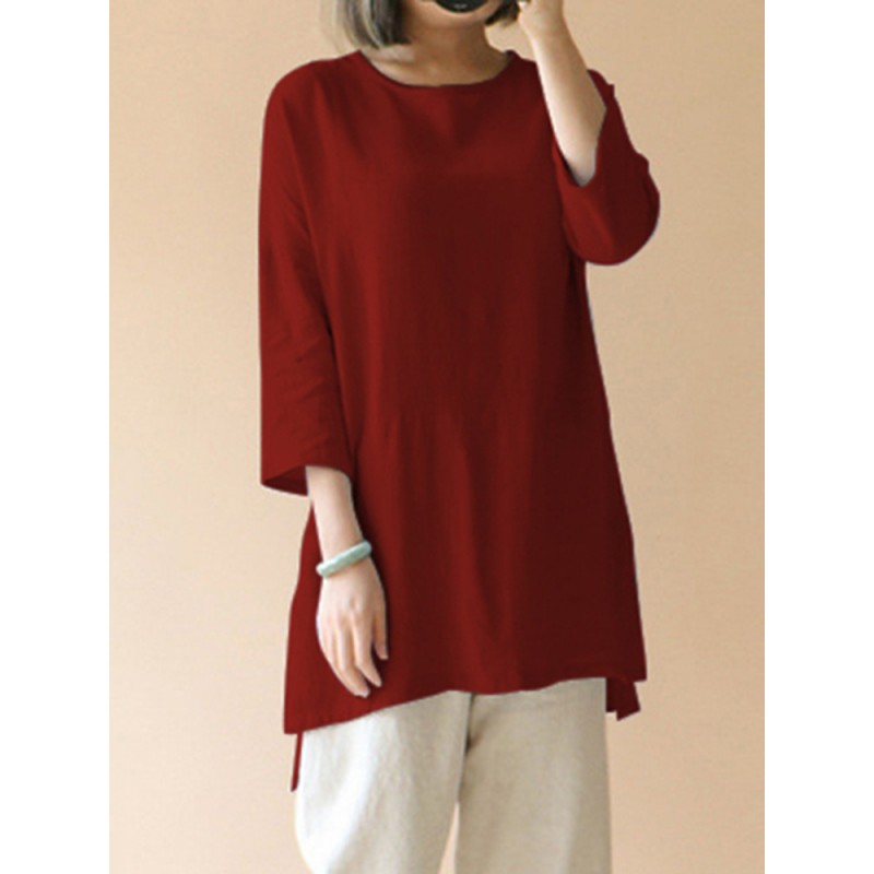 Women Casual Solid Cotton Loose 3/4 Sleeve Blouse