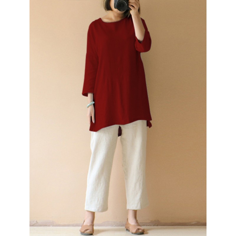 Women Casual Solid Cotton Loose 3/4 Sleeve Blouse