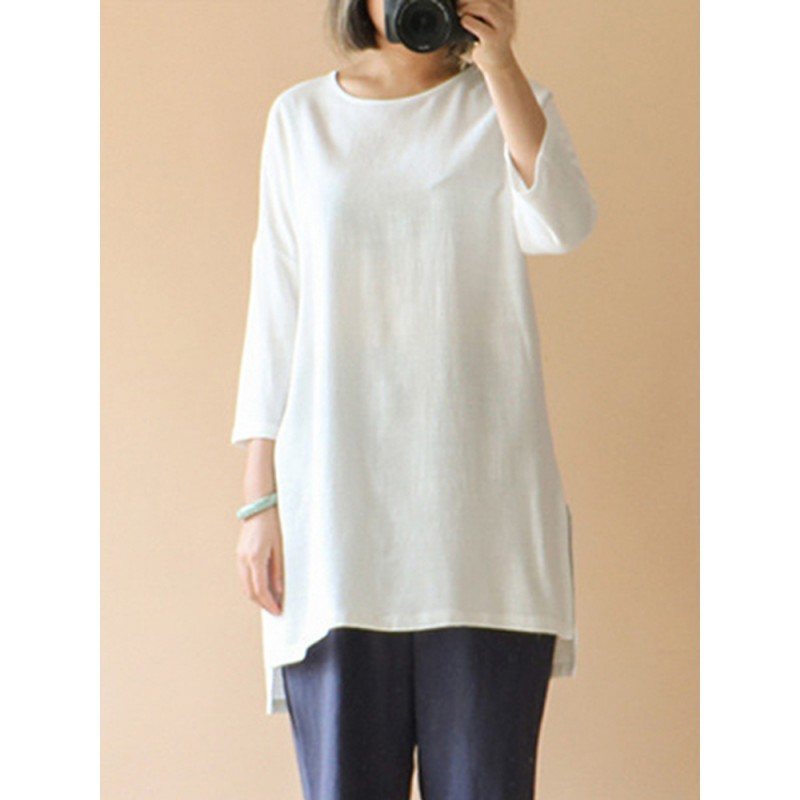 Women Casual Solid Cotton Loose 3/4 Sleeve Blouse