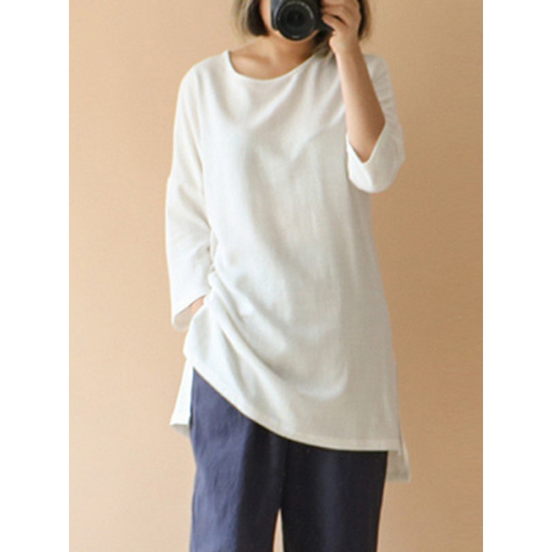 Women Casual Solid Cotton Loose 3/4 Sleeve Blouse