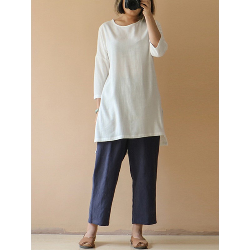 Women Casual Solid Cotton Loose 3/4 Sleeve Blouse