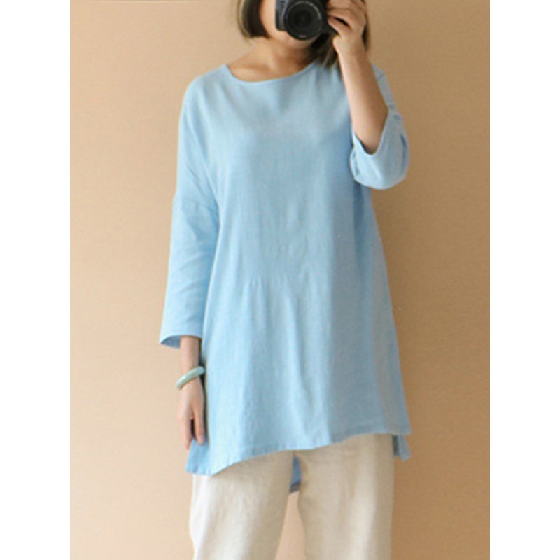 Women Casual Solid Cotton Loose 3/4 Sleeve Blouse