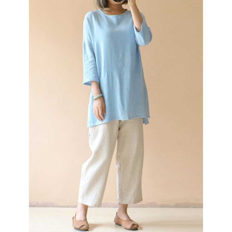 Women Casual Solid Cotton Loose 3/4 Sleeve Blouse