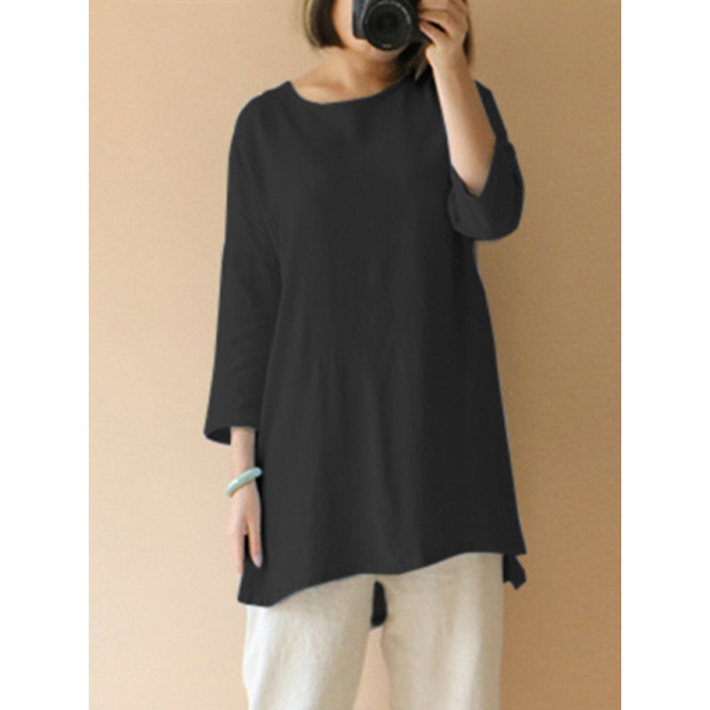 Women Casual Solid Cotton Loose 3/4 Sleeve Blouse