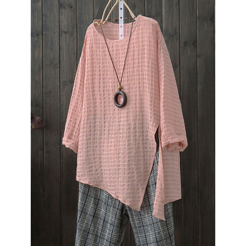 Women Casual Plaid Side Split Asymmetrical Blouse