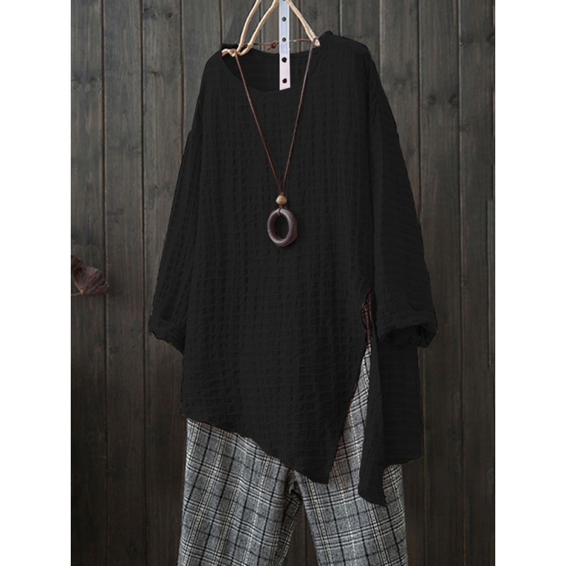 Women Casual Plaid Side Split Asymmetrical Blouse