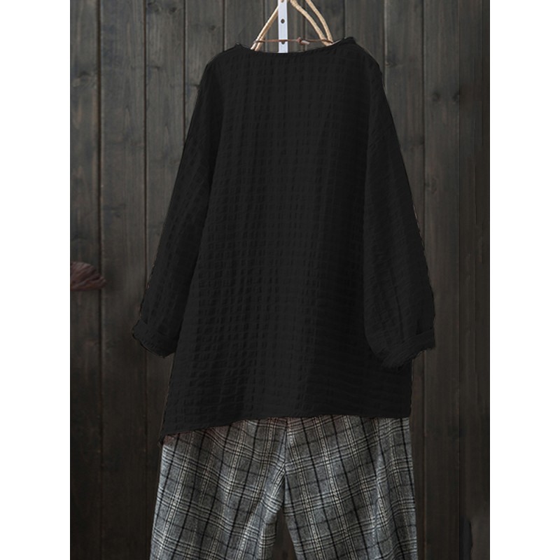 Women Casual Plaid Side Split Asymmetrical Blouse