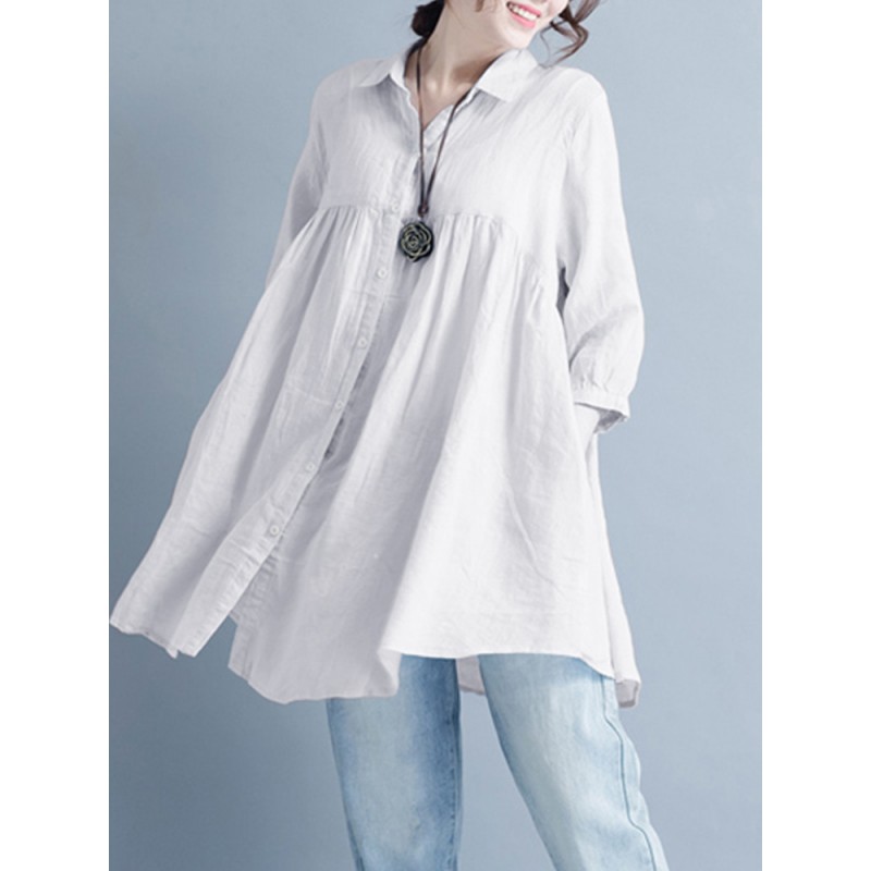 Women Casual Buttons Down 3/4 Sleeve Tops Mini Shirt Dress