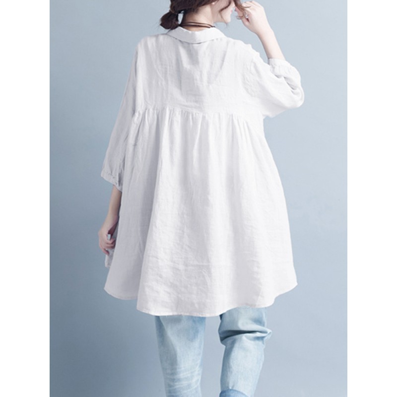 Women Casual Buttons Down 3/4 Sleeve Tops Mini Shirt Dress