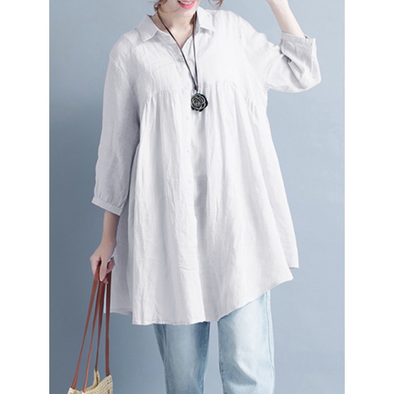 Women Casual Buttons Down 3/4 Sleeve Tops Mini Shirt Dress