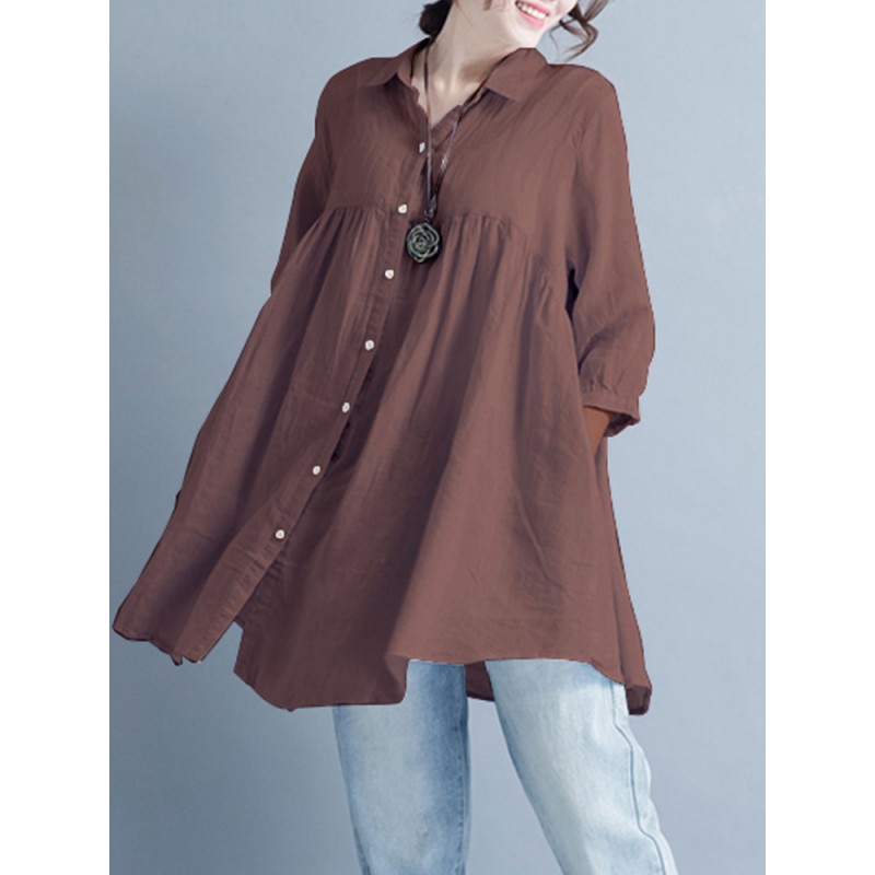 Women Casual Buttons Down 3/4 Sleeve Tops Mini Shirt Dress