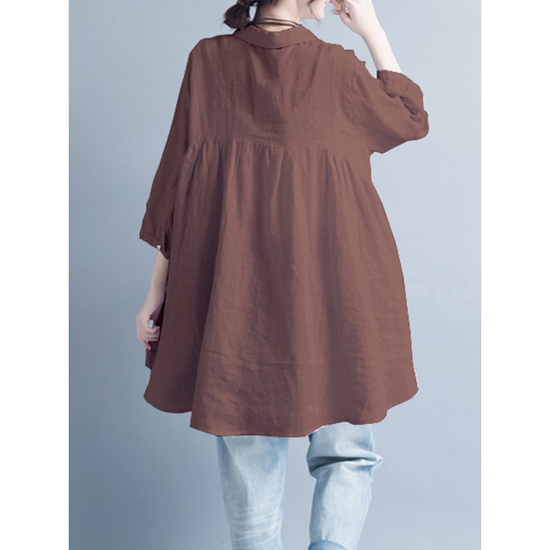 Women Casual Buttons Down 3/4 Sleeve Tops Mini Shirt Dress