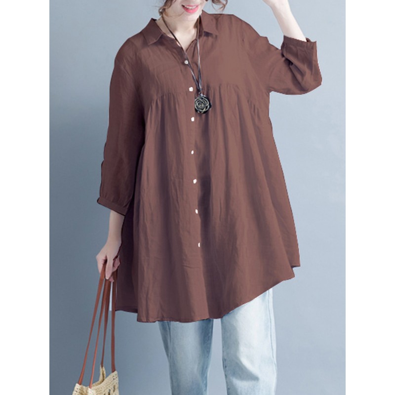 Women Casual Buttons Down 3/4 Sleeve Tops Mini Shirt Dress