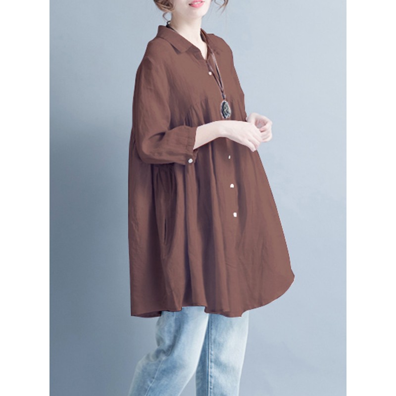 Women Casual Buttons Down 3/4 Sleeve Tops Mini Shirt Dress