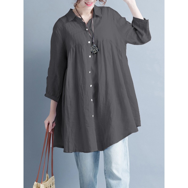 Women Casual Buttons Down 3/4 Sleeve Tops Mini Shirt Dress