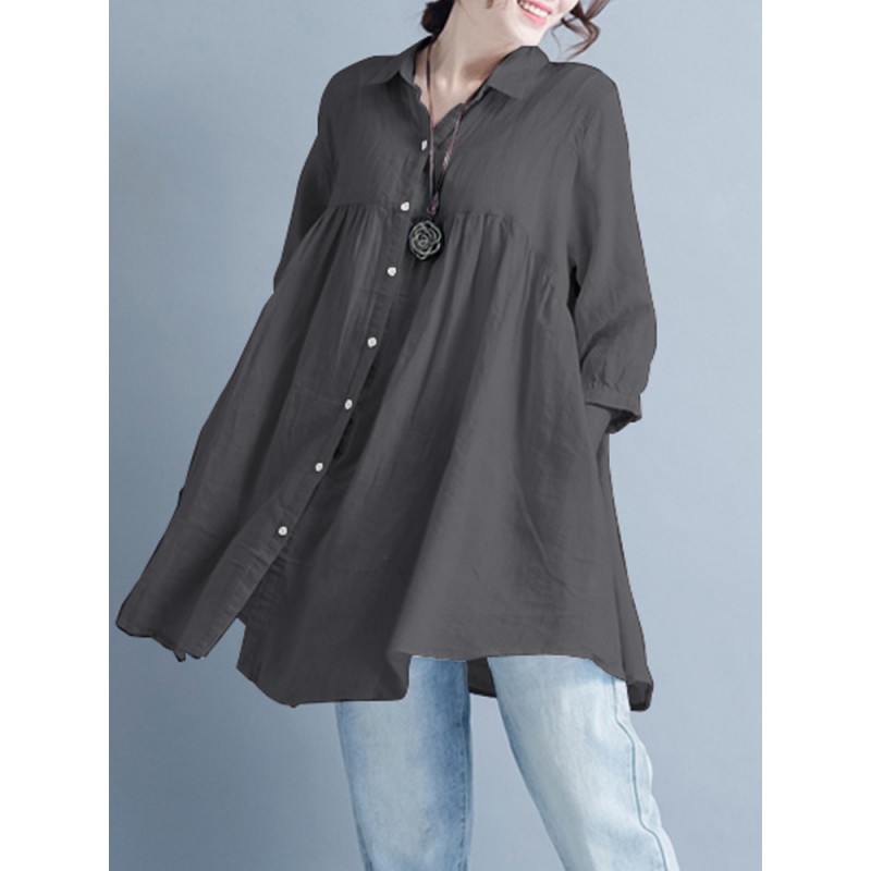 Women Casual Buttons Down 3/4 Sleeve Tops Mini Shirt Dress