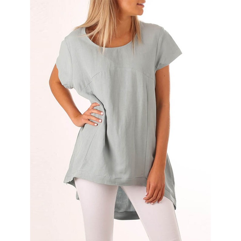 Women Casual Crewneck High Low Hem Short Sleeve Tunic Blouse