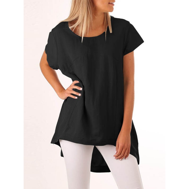 Women Casual Crewneck High Low Hem Short Sleeve Tunic Blouse