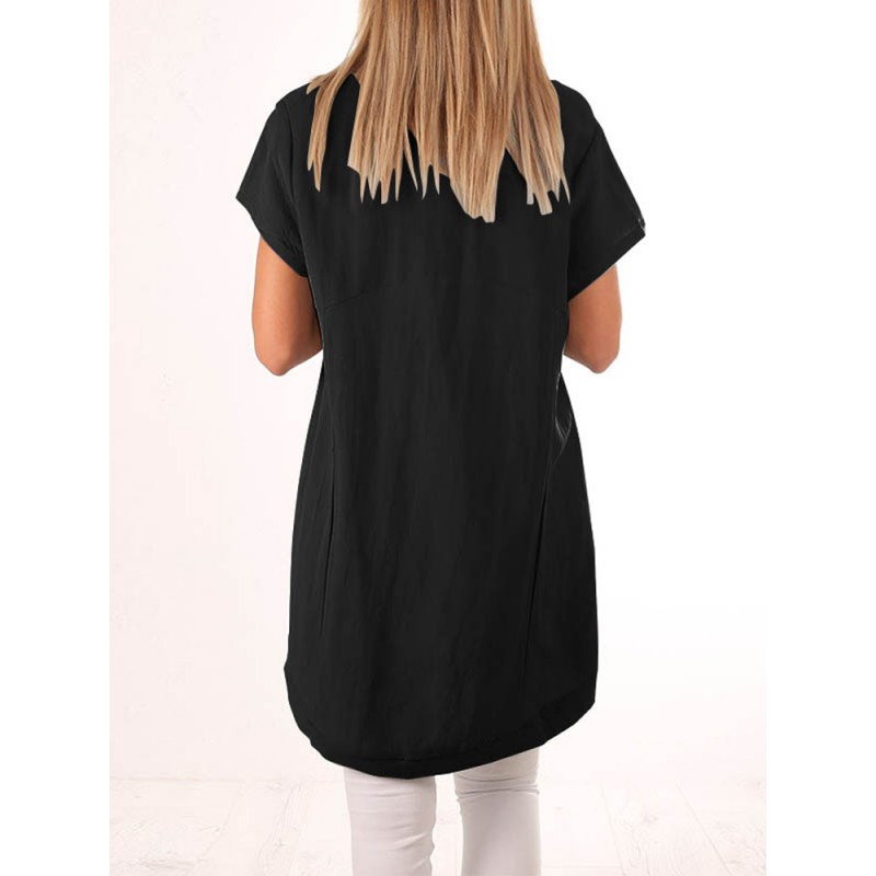 Women Casual Crewneck High Low Hem Short Sleeve Tunic Blouse