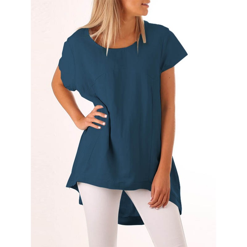 Women Casual Crewneck High Low Hem Short Sleeve Tunic Blouse