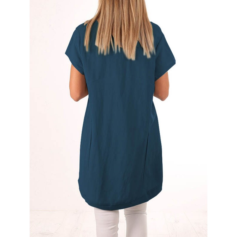 Women Casual Crewneck High Low Hem Short Sleeve Tunic Blouse