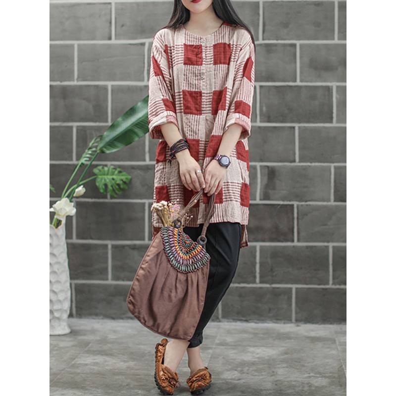 Women Buttons Casual Plaid Stripe Loose Shirt Dres...