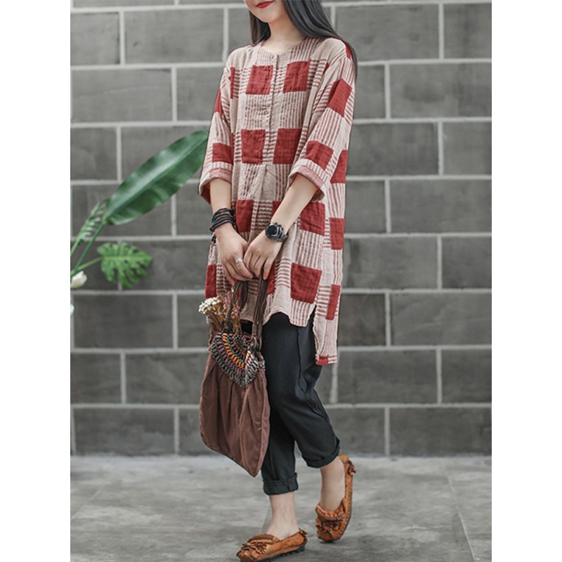 Women Buttons Casual Plaid Stripe Loose Shirt Dress