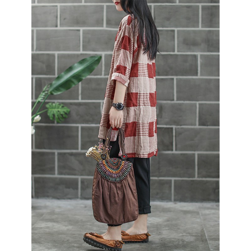 Women Buttons Casual Plaid Stripe Loose Shirt Dress