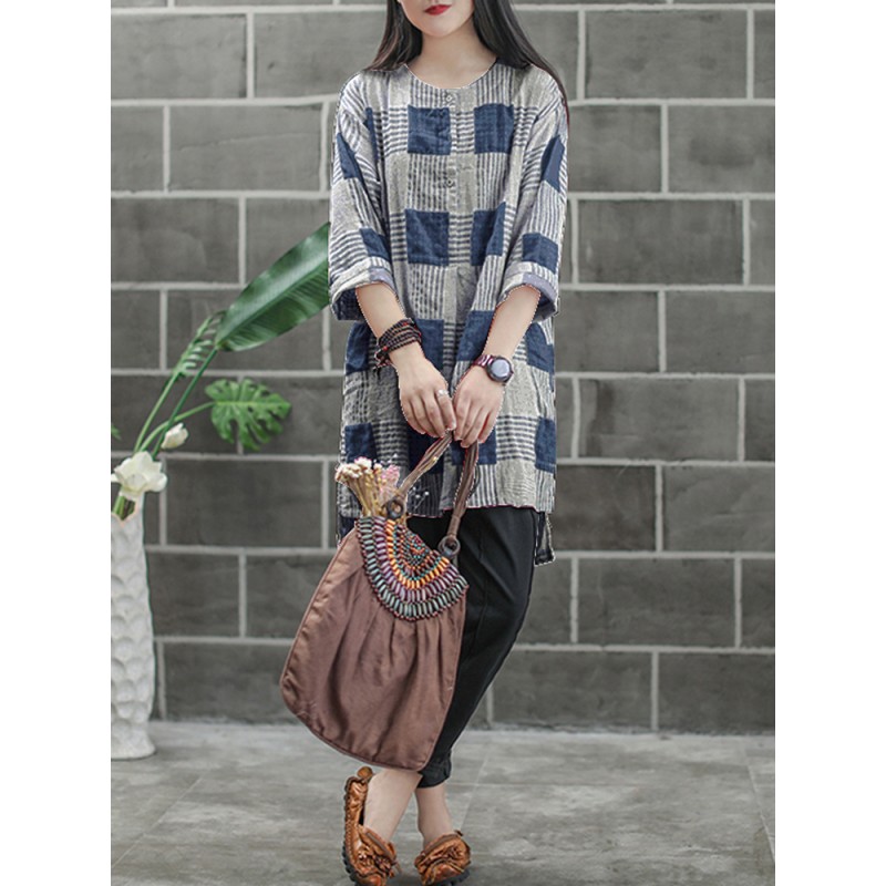 Women Buttons Casual Plaid Stripe Loose Shirt Dress