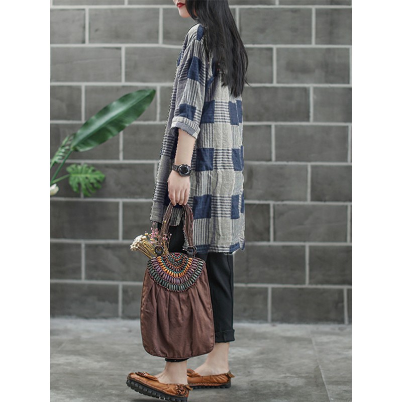 Women Buttons Casual Plaid Stripe Loose Shirt Dress