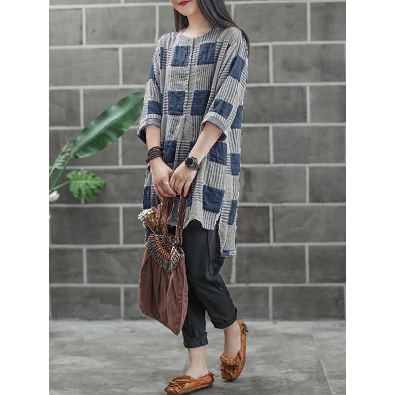 Women Buttons Casual Plaid Stripe Loose Shirt Dress