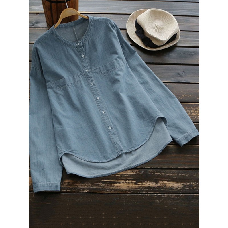 Women Buttons Down Asymmetrical Denim Blouse