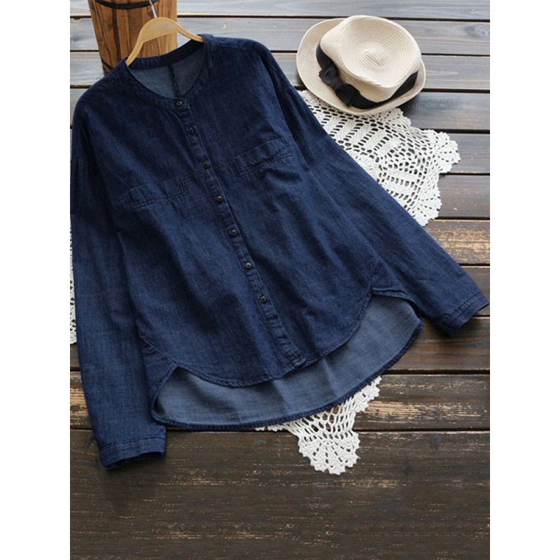 Women Buttons Down Asymmetrical Denim Blouse