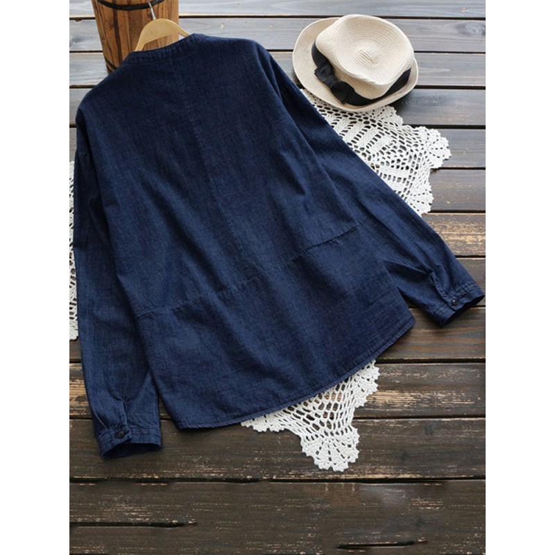 Women Buttons Down Asymmetrical Denim Blouse