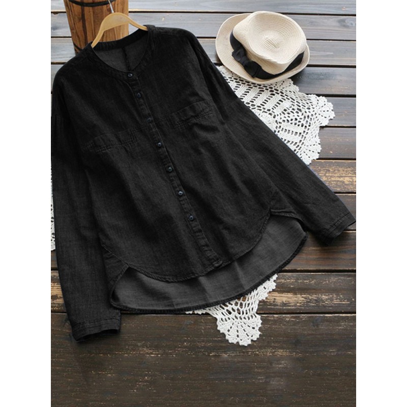 Women Buttons Down Asymmetrical Denim Blouse