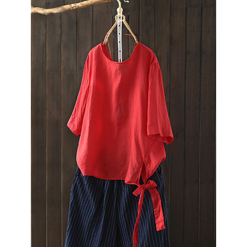 Women Buttons Down Causal Asymmetrical Bowknot Blouse