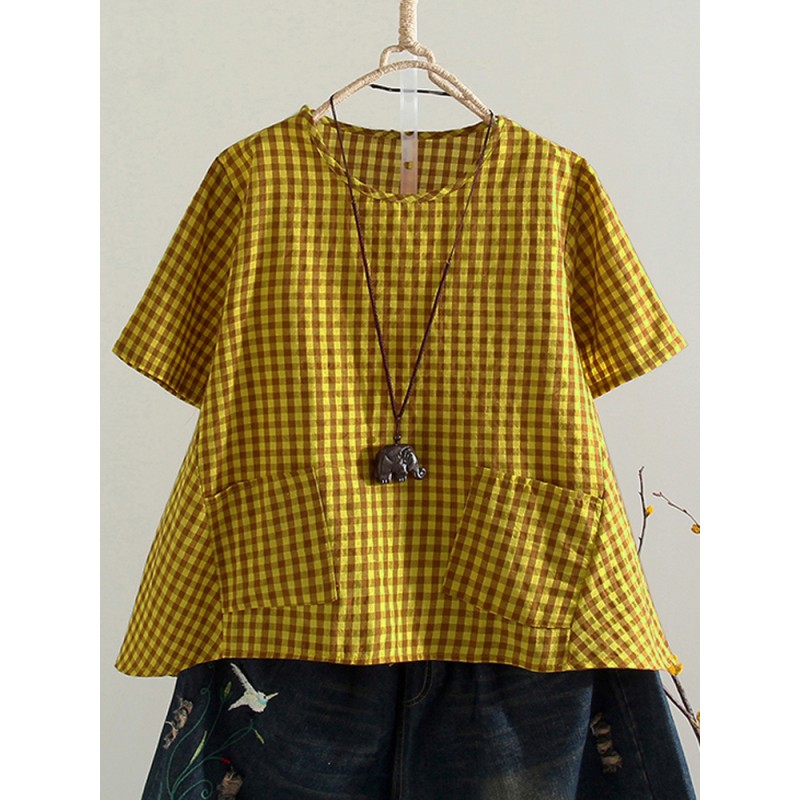 Vintage Women Short Sleeve O-neck Plaid Blouse