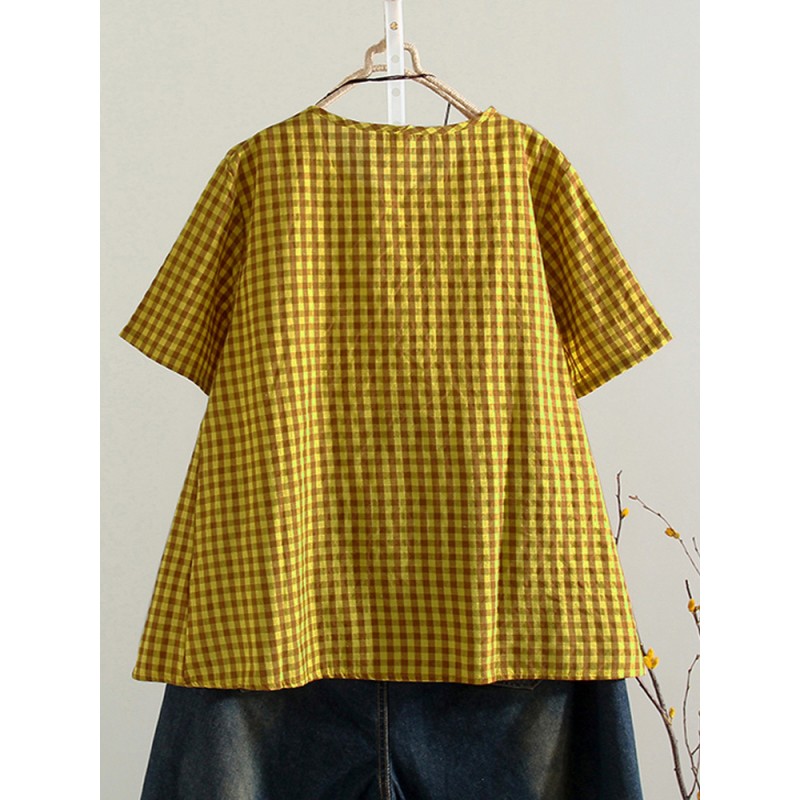 Vintage Women Short Sleeve O-neck Plaid Blouse