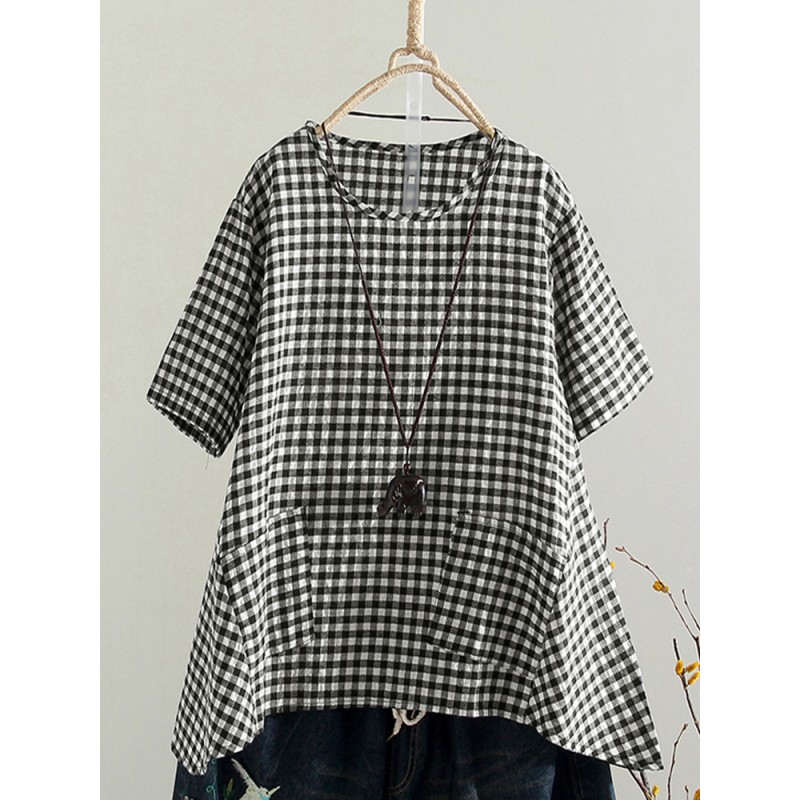 Vintage Women Short Sleeve O-neck Plaid Blouse