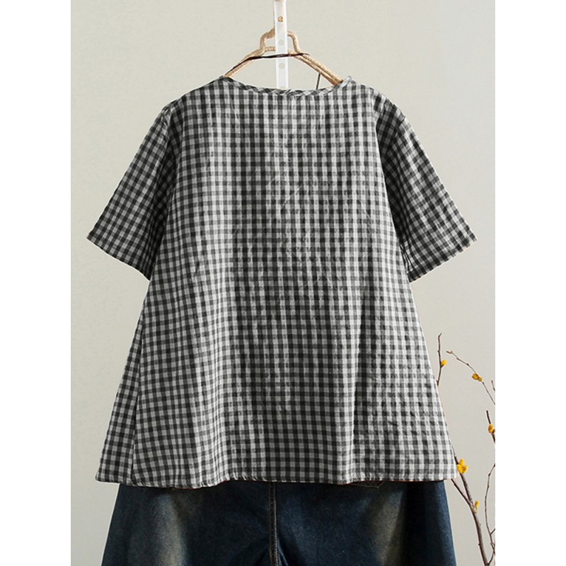 Vintage Women Short Sleeve O-neck Plaid Blouse