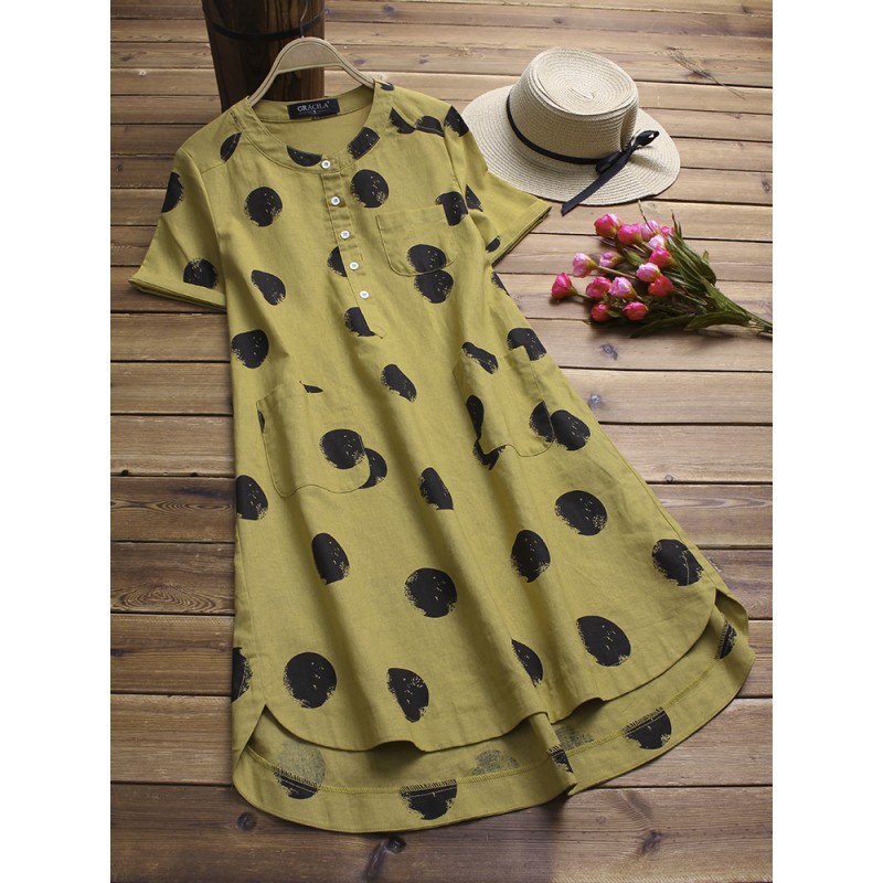 Vintage Women Polka Dot Short Sleeve Irregular Shi...