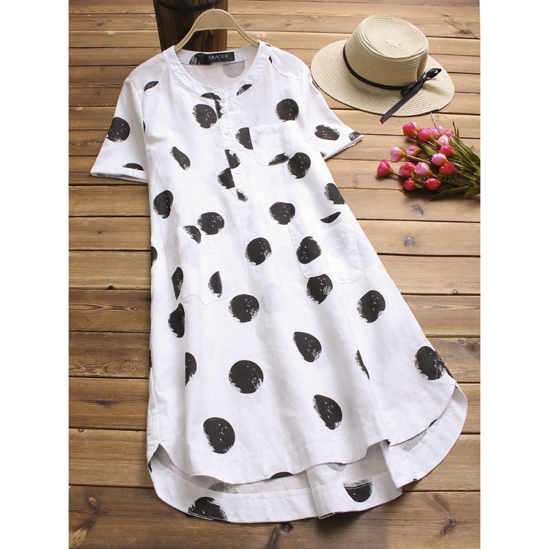 Vintage Women Polka Dot Short Sleeve Irregular Shirt Dress