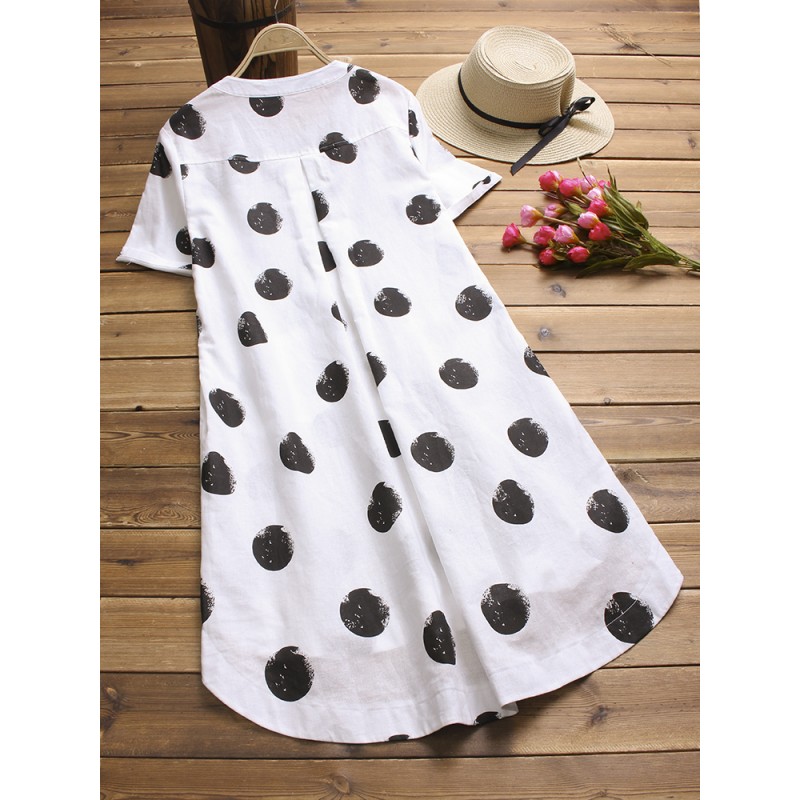 Vintage Women Polka Dot Short Sleeve Irregular Shirt Dress