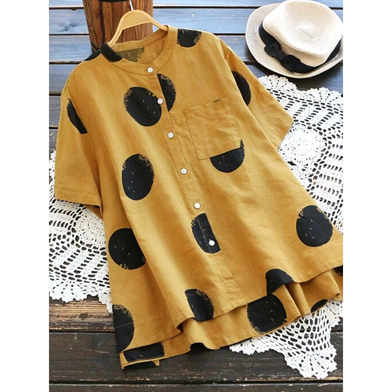 Vintage Women Polka Dot Print Stand Collar Short S...