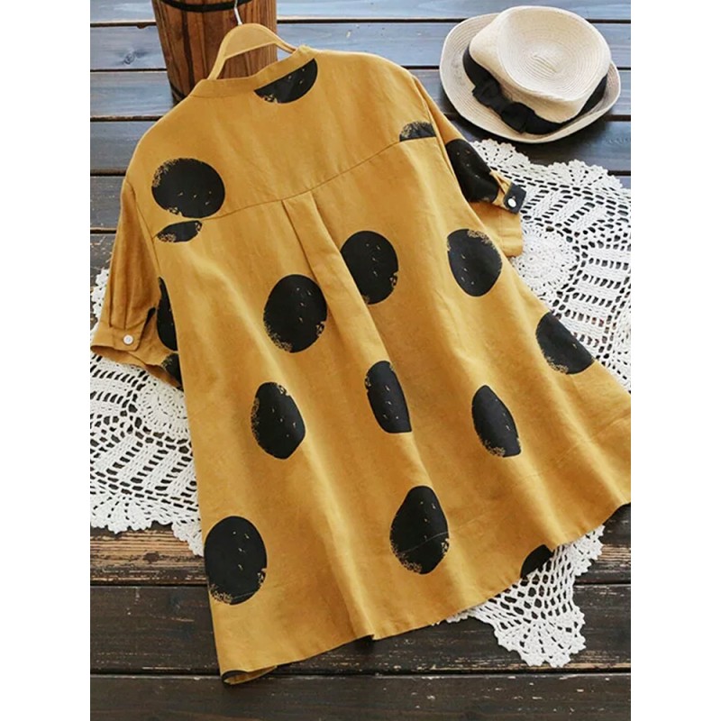 Vintage Women Polka Dot Print Stand Collar Short Sleeve Blouse