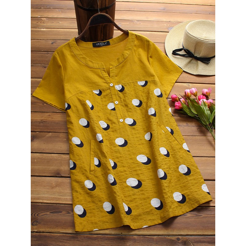 Vintage Women Polka Dot Buttons Short Sleeve Blous...