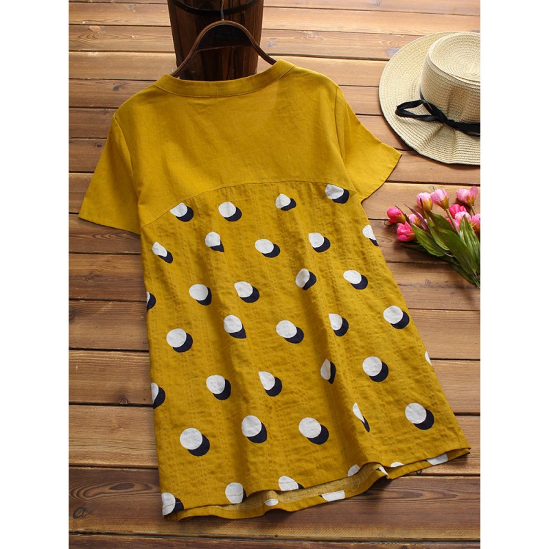 Vintage Women Polka Dot Buttons Short Sleeve Blouse