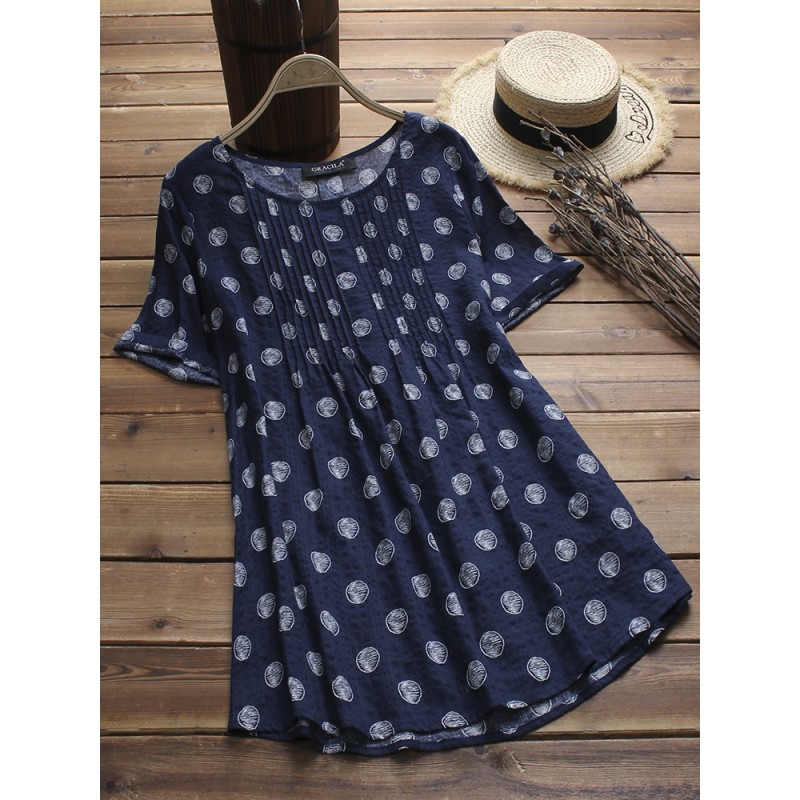 Vintage Women Polka Dot Print Pleated Short Sleeve Blouse