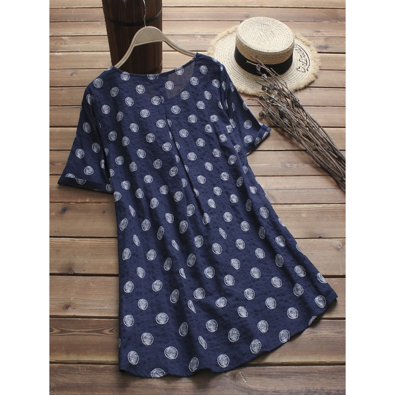 Vintage Women Polka Dot Print Pleated Short Sleeve Blouse